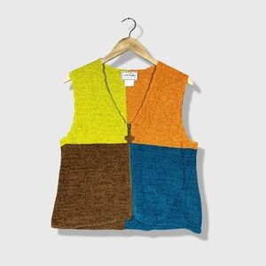 Mia Nola Sweater Vest Womens L Multicolor Colorblock Zip Front 90s Retro Grunge‎